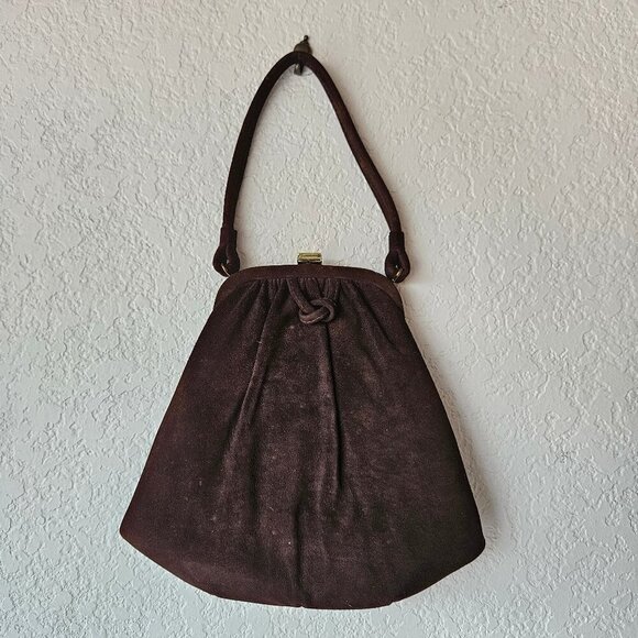 Vintage Handbags - Vintage 30s 40s Brown Gathered Suede Leather Art Deco Handbag Frame Purse